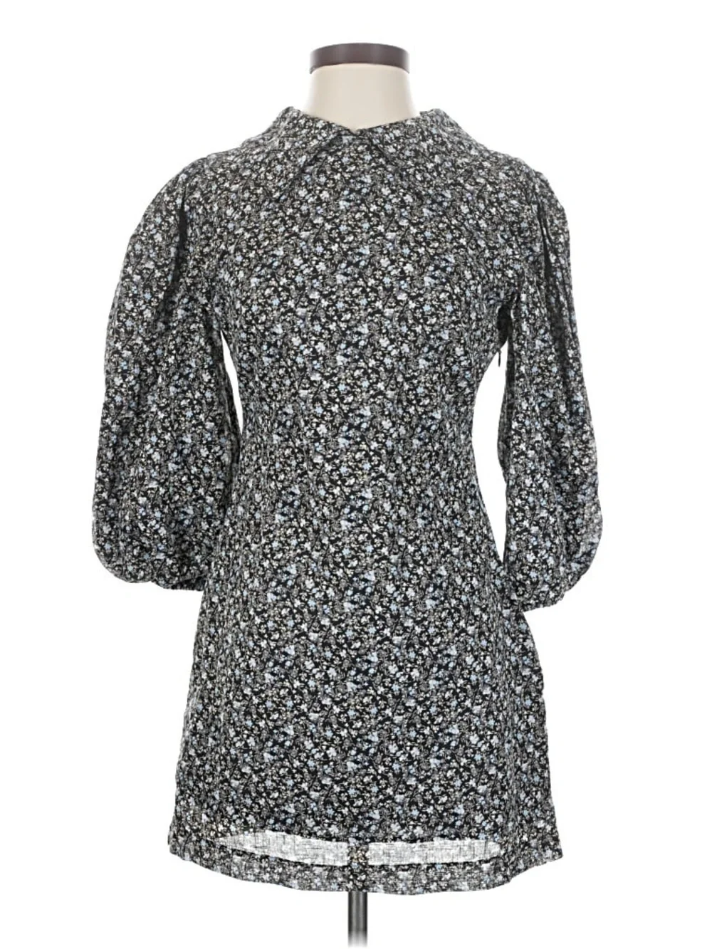 Free People Black & Light Blue Floral Puff-Sleeve Mini Dress